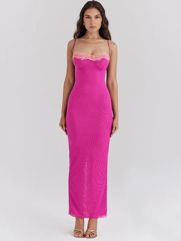 Lace Spaghetti Strap Bodycon Maxi Dress For Women Evening Party Club Wear - Image 5