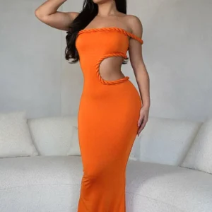 Sunset Orange Cut-Out Maxi Dress – Chic Strapless Beach Gown