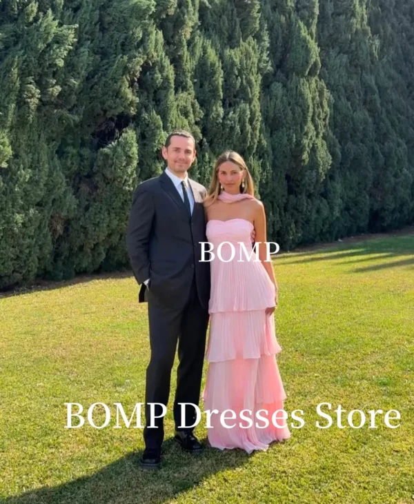Elegant Pink Strapless Draped Evening Gown With Scarf For Weddings - Image 2