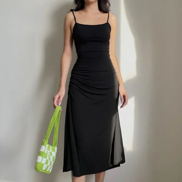 Strappy Ruched Irregular Backless Long Black Dress Elegant Party Summer - Image 2