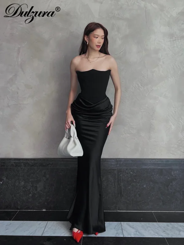 Satin Strapless Maxi Dress Ruched Off Shoulder Sexy Evening Clubwear - Image 2