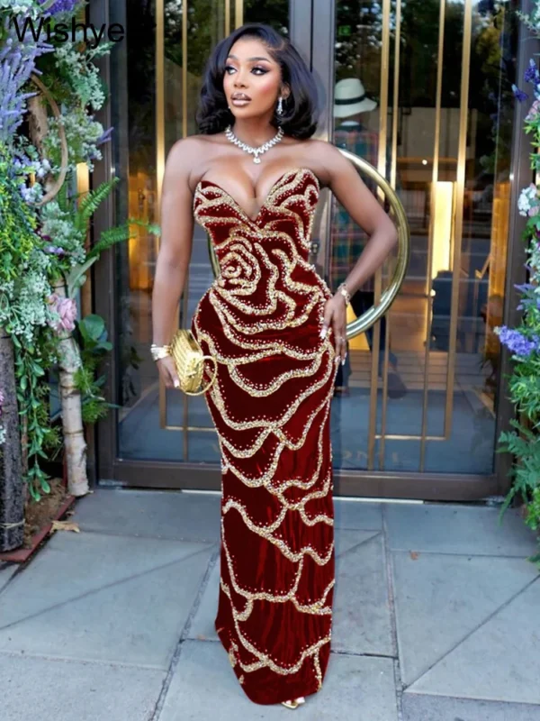 Elegant Strapless Sequined Maxi Dress Sleeveless Party Prom Outfit - Image 2