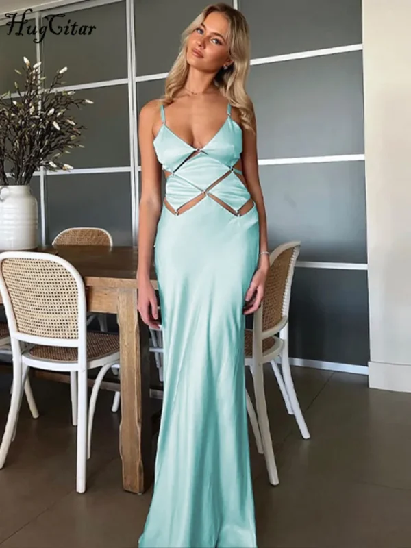Hugcitar Sexy V Neck Backless Bodycon Maxi Dress Women - Image 3
