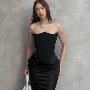 Satin Strapless Maxi Dress Ruched Off Shoulder Sexy Evening Clubwear
