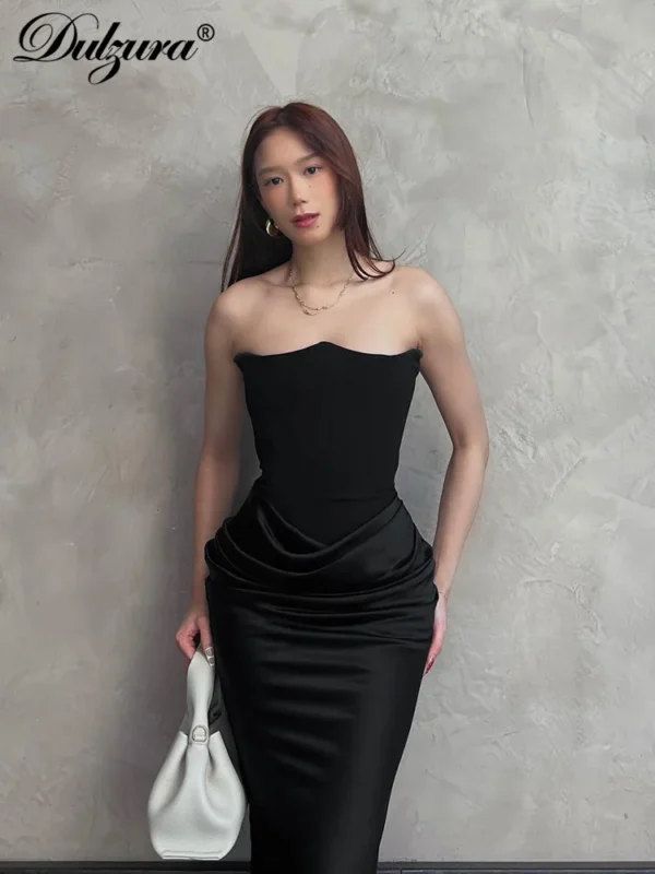 Satin Strapless Maxi Dress Ruched Off Shoulder Sexy Evening Clubwear