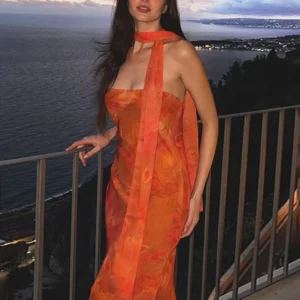Ribbon Mesh Maxi Dress – Strapless Vacation Bodycon Elegance