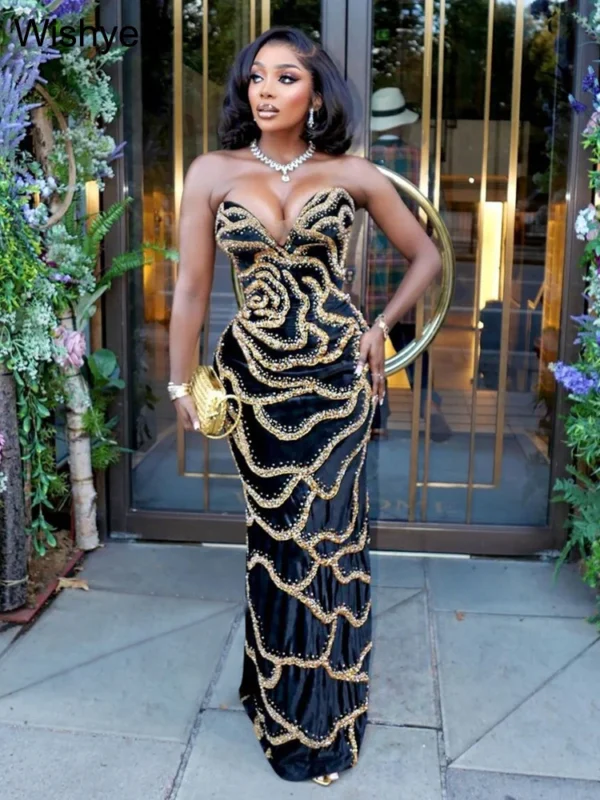 Elegant Strapless Sequined Maxi Dress Sleeveless Party Prom Outfit - Image 3