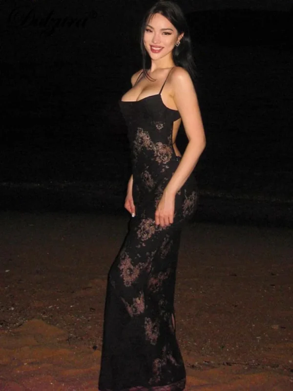 Sleeveless See Through Lace Patchwork Backless Maxi Party Dress - Image 3