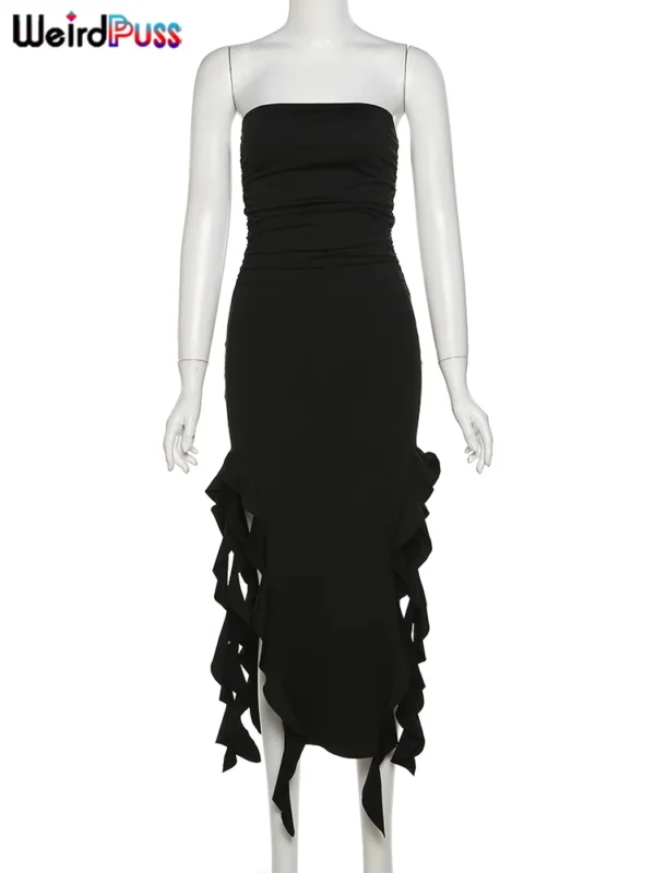 Elegant Strapless Tassel Maxi Dress Irregular Split Bodycon Party Wear - Image 6