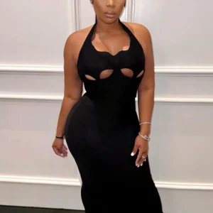 Low Cut Black Slim Maxi Dress For Sexy Spring Summer Women