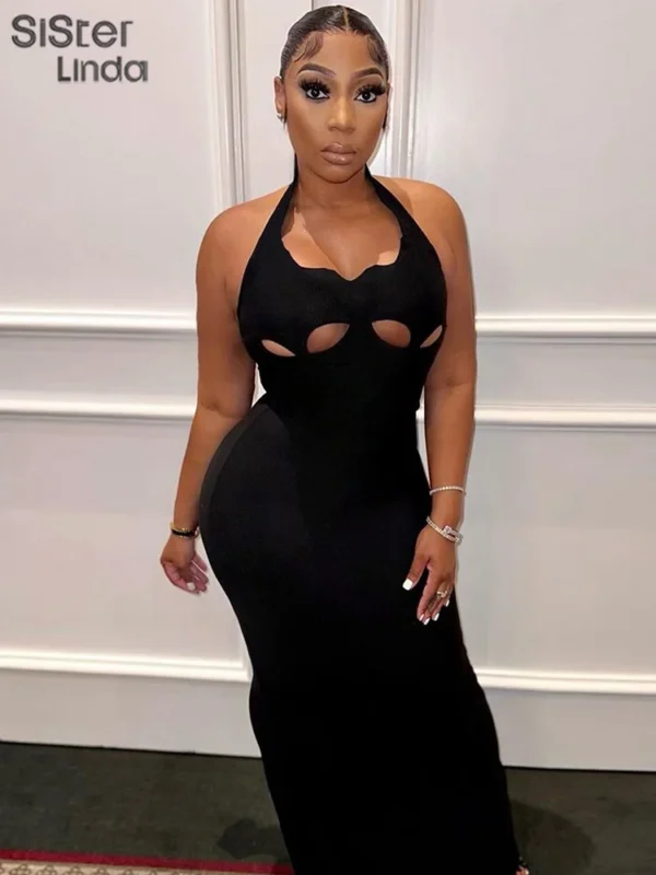 Low Cut Black Slim Maxi Dress For Sexy Spring Summer Women