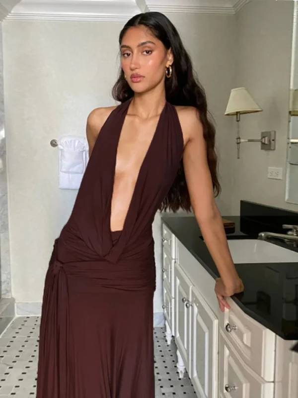 Sexy Deep V-Neck Bandage Maxi Dress Backless Party Outfit - Image 4
