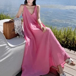 Pink Strapless French Style Long Dress Elegant Summer Holiday Wear