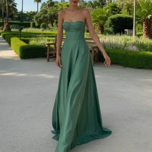Elegant Strapless Cutout Bodycon Maxi Dress Off Shoulder Green Outfit