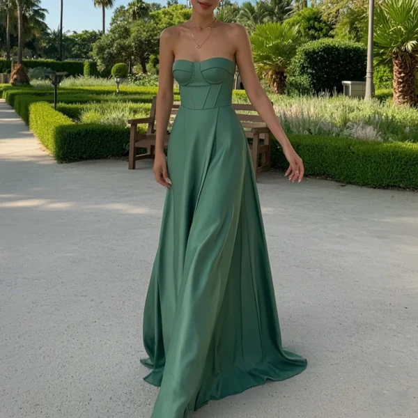 Elegant Strapless Cutout Bodycon Maxi Dress Off Shoulder Green Outfit