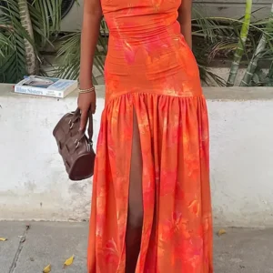 Sunset Mirage Maxi Dress – Strapless Pleated Slit Vacation Glam