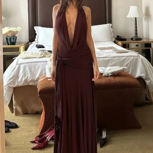 Sexy Deep V-Neck Bandage Maxi Dress Backless Party Outfit