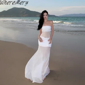 Sexy Mesh Off Shoulder Slim Maxi Dress For Summer Beach Holidays