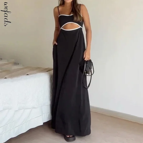 Summer Patchwork Lace-Up Maxi Dress Women Casual Beachwear