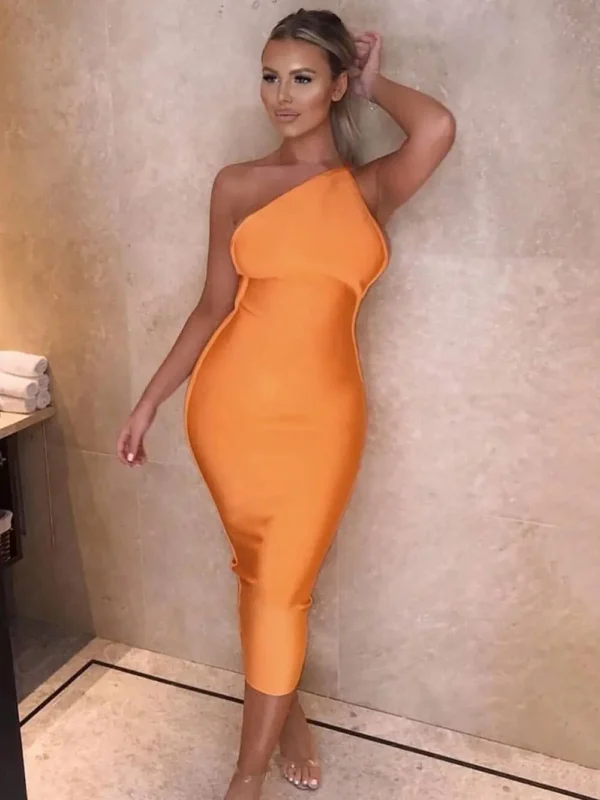 Hot Orange Asymmetrical Backless Bandage Midi Dress For Party Wear Event - Image 2