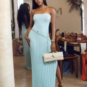 Velmara Blue Pleated Maxi Dress – Strapless Backless Summer Gown