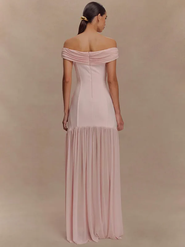 Off-Shoulder Backless Pink Maxi Dress With Ruched Patchwork - Image 6