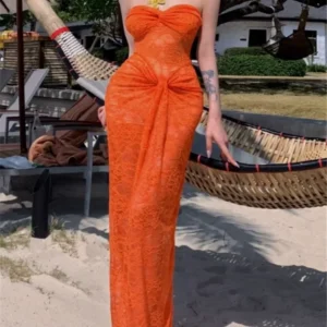 Velmara Sunset Lace Maxi Dress – Strapless Boho Beach Gown