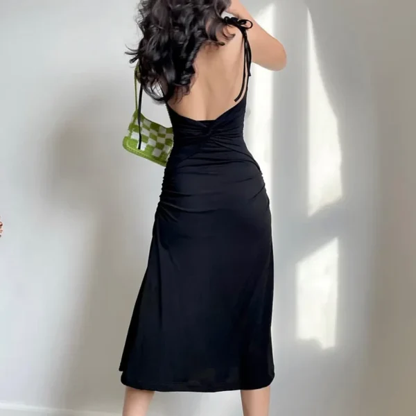 Strappy Ruched Irregular Backless Long Black Dress Elegant Party Summer - Image 3