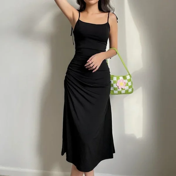 Strappy Ruched Irregular Backless Long Black Dress Elegant Party Summer - Image 5