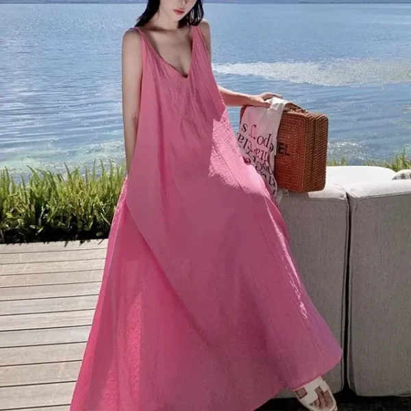 Pink Strapless French Style Long Dress Elegant Summer Holiday Wear - Image 4