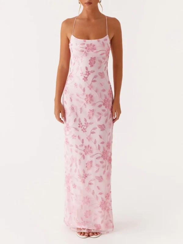 Sparkle Beaded Sequin Cami Maxi Dress With High Split Backless Design