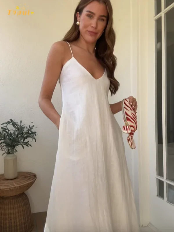 2025 Cotton Linen Backless Maxi Dress For Summer Casual Daily Wear