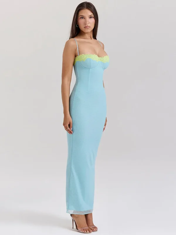 Lace Spaghetti Strap Bodycon Maxi Dress For Women Evening Party Club Wear - Image 3