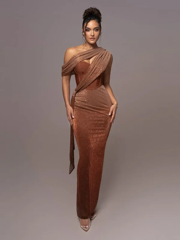 One Shoulder Glitter Corset Maxi Dress For Evening Parties Wear