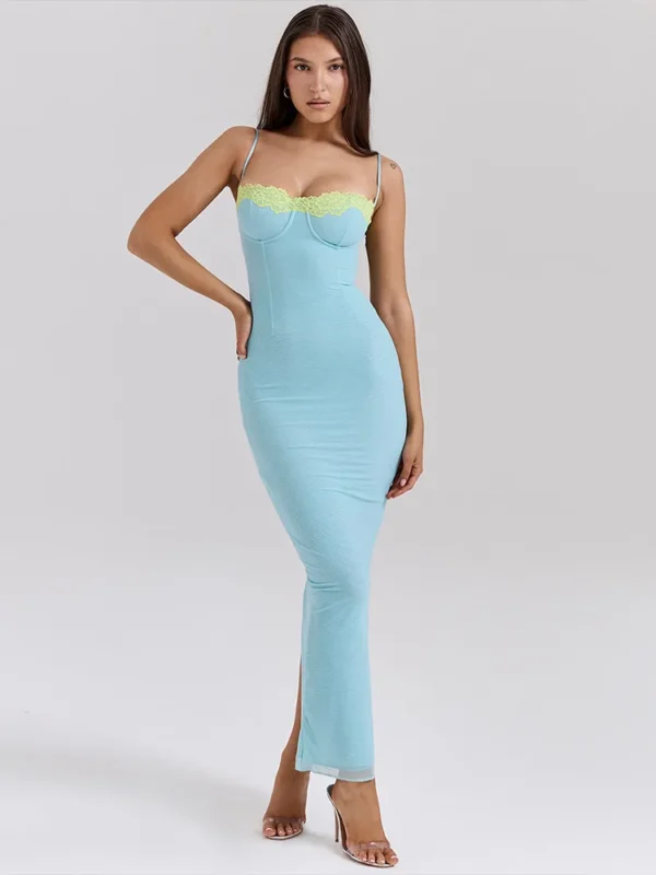 Lace Spaghetti Strap Bodycon Maxi Dress For Women Evening Party Club Wear - Image 2