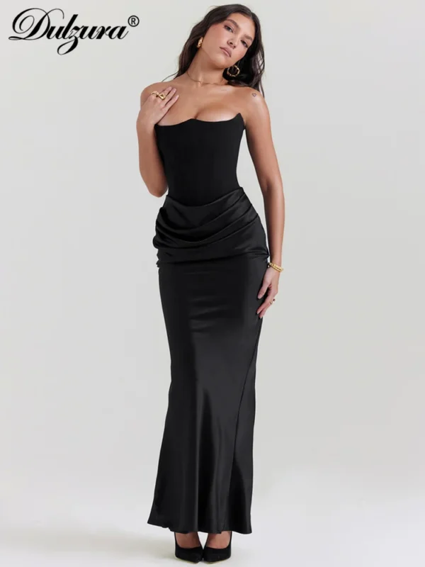 Satin Strapless Maxi Dress Ruched Off Shoulder Sexy Evening Clubwear - Image 4