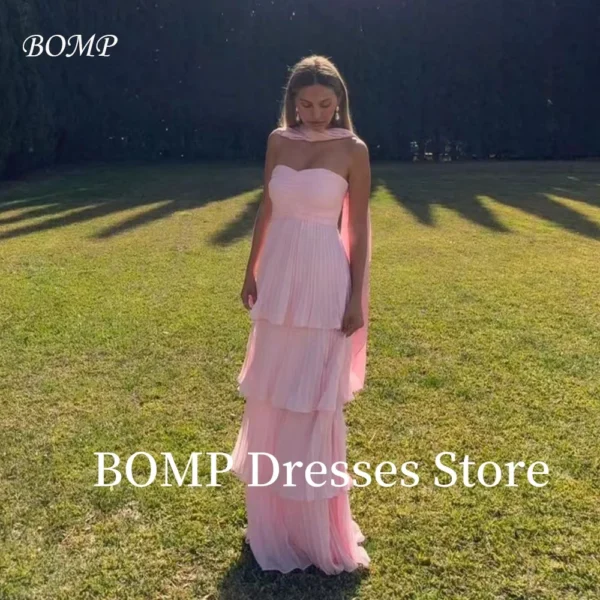 Elegant Pink Strapless Draped Evening Gown With Scarf For Weddings