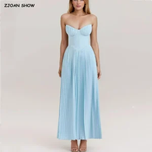 Sexy Strapless Corset Chiffon Dress With Pleated Hem Swing Gown