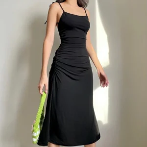 Strappy Ruched Irregular Backless Long Black Dress Elegant Party Summer