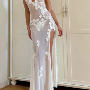 See Through Mesh 3D Flower Split Midi Sexy Summer Beach Club Dres