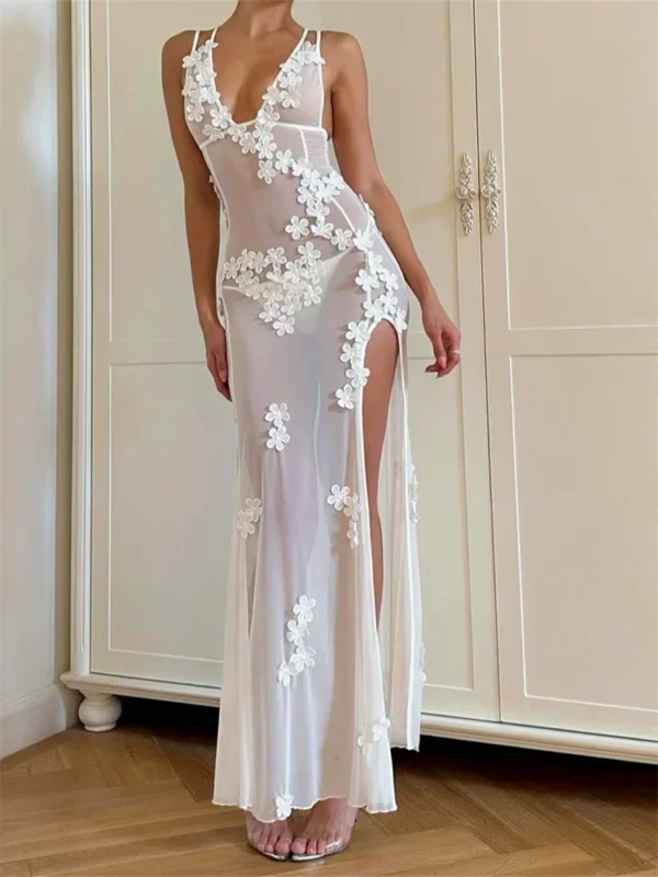 See Through Mesh 3D Flower Split Midi Sexy Summer Beach Club Dres