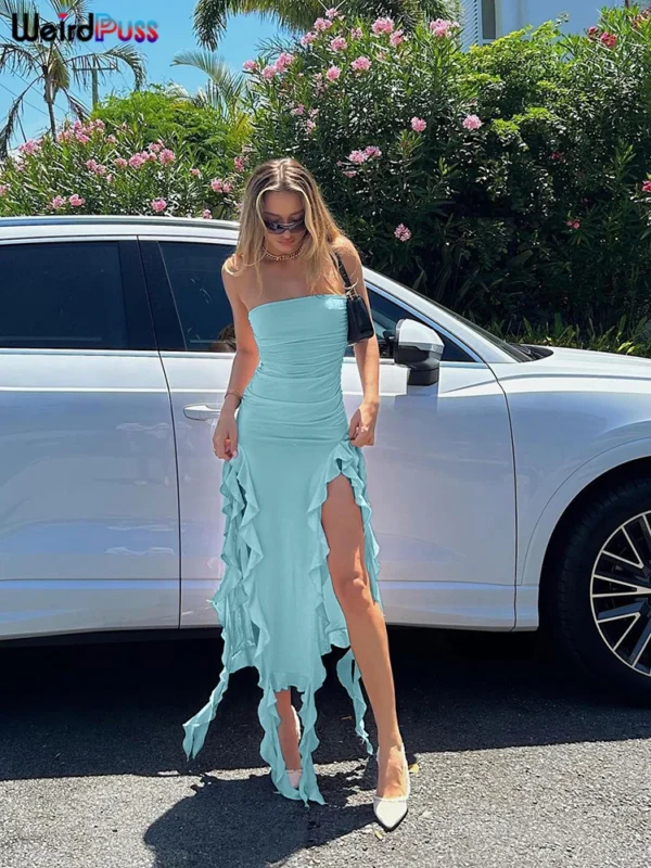 Elegant Strapless Tassel Maxi Dress Irregular Split Bodycon Party Wear - Image 2