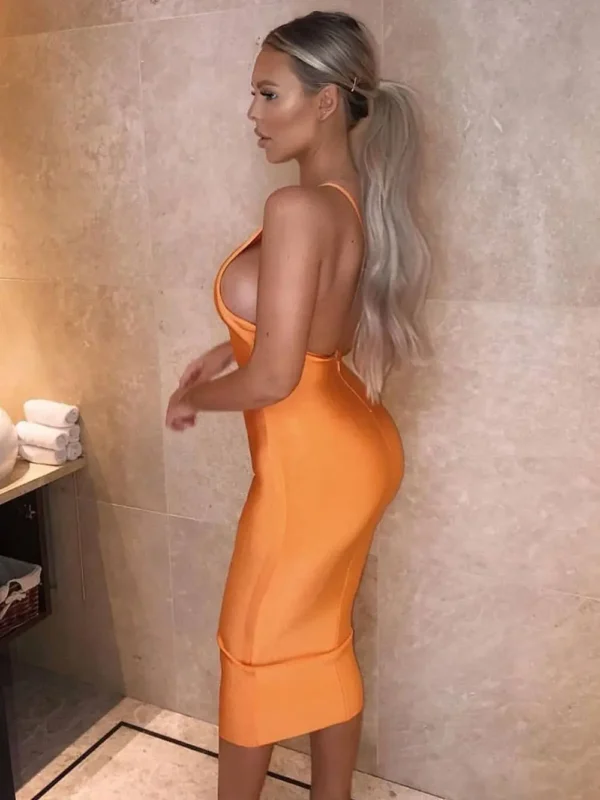 Hot Orange Asymmetrical Backless Bandage Midi Dress For Party Wear Event - Image 3