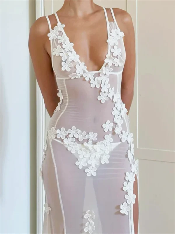 See Through Mesh 3D Flower Split Midi Sexy Summer Beach Club Dres - Image 3