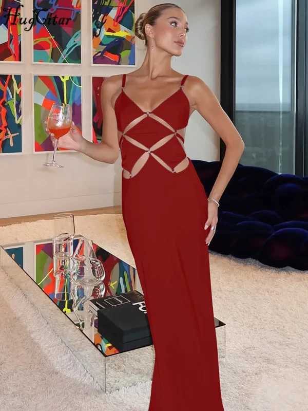 Hugcitar Sexy V Neck Backless Bodycon Maxi Dress Women - Image 5