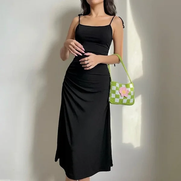 Strappy Ruched Irregular Backless Long Black Dress Elegant Party Summer - Image 4