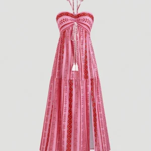 Women's Halter Slit Maxi Dress Summer Beach Vacation Fashion Outfit Set