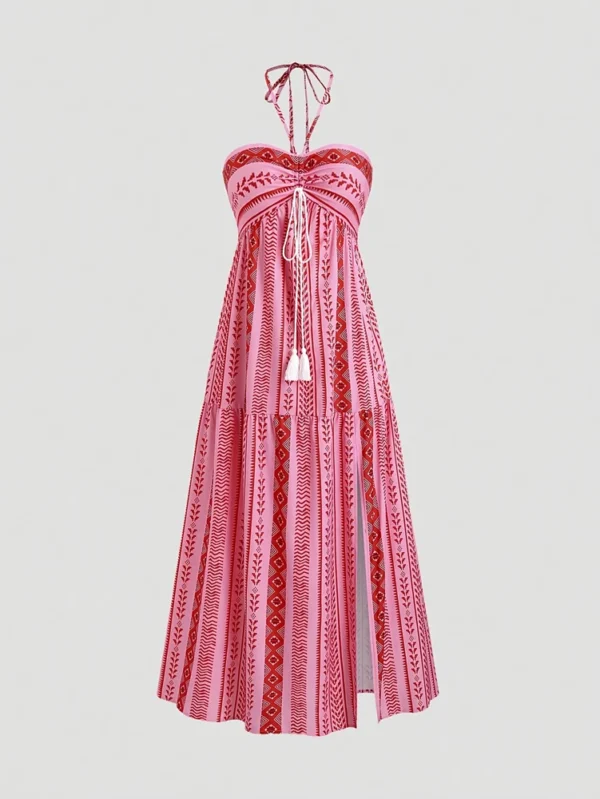 Women's Halter Slit Maxi Dress Summer Beach Vacation Fashion Outfit Set