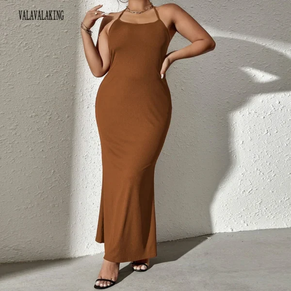 Sexy Brown Halter Plus Size Backless Split Evening Bodycon Dress - Image 5