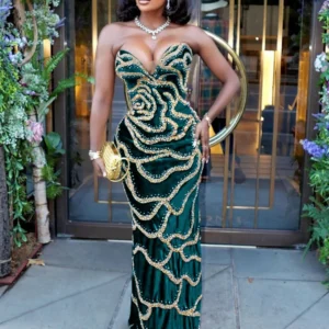 Elegant Strapless Sequined Maxi Dress Sleeveless Party Prom Outfit